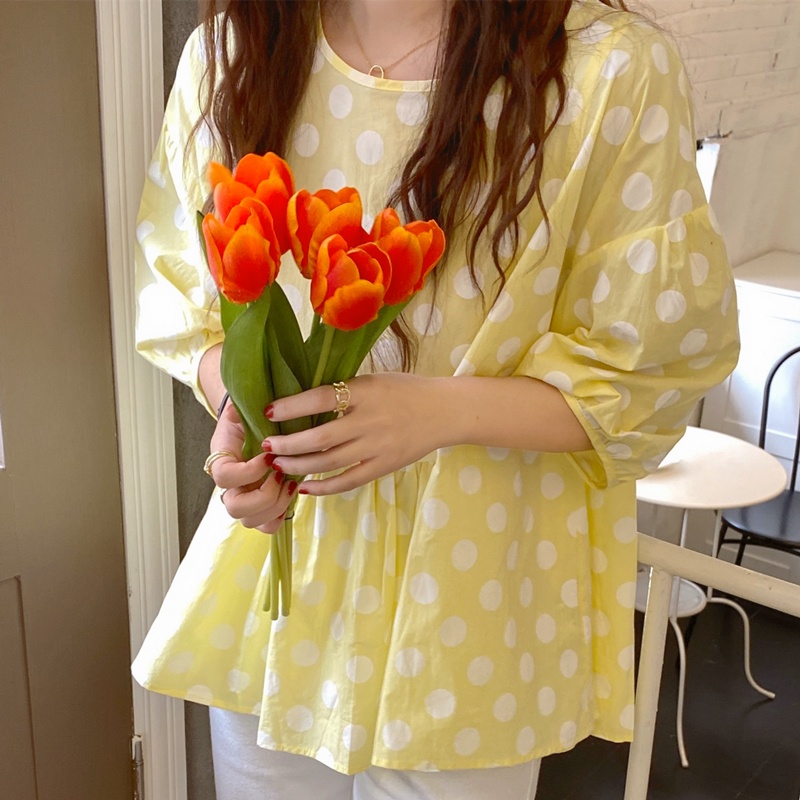 IELGY Áo Sơ Mi Cổ Tròn Tay Ngắn Dáng Rộng In Họa Tiết Chấm Bi Màu Vàng Phong Cách Hàn Quốc Cho Nữ