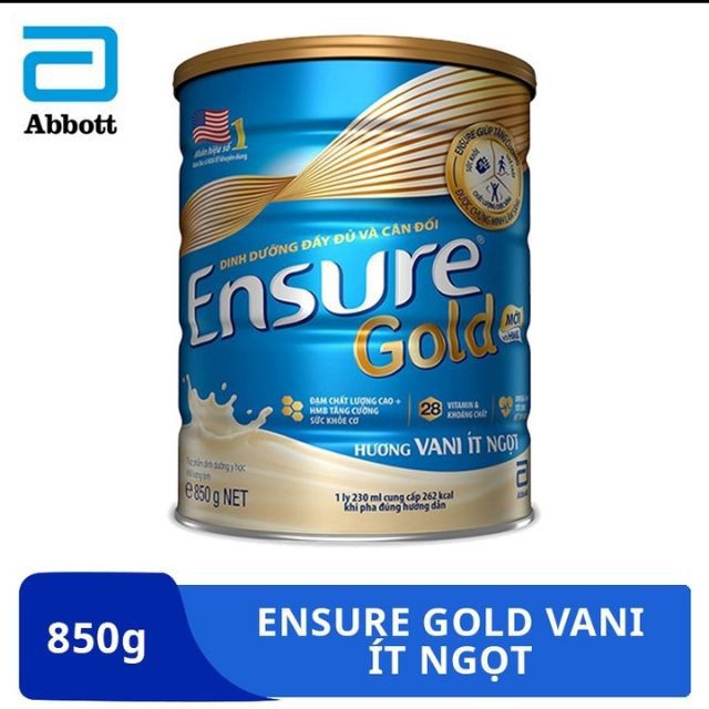 Sữa bột Abbott Ensure Gold ít ngọt hương vani hộp 850g - quoctruongshop