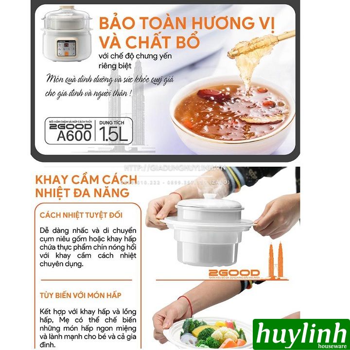 Nồi hầm chậm, chưng yến, nấu cách thuỷ 2Good A600 - 1.5 lít - 2 tầng