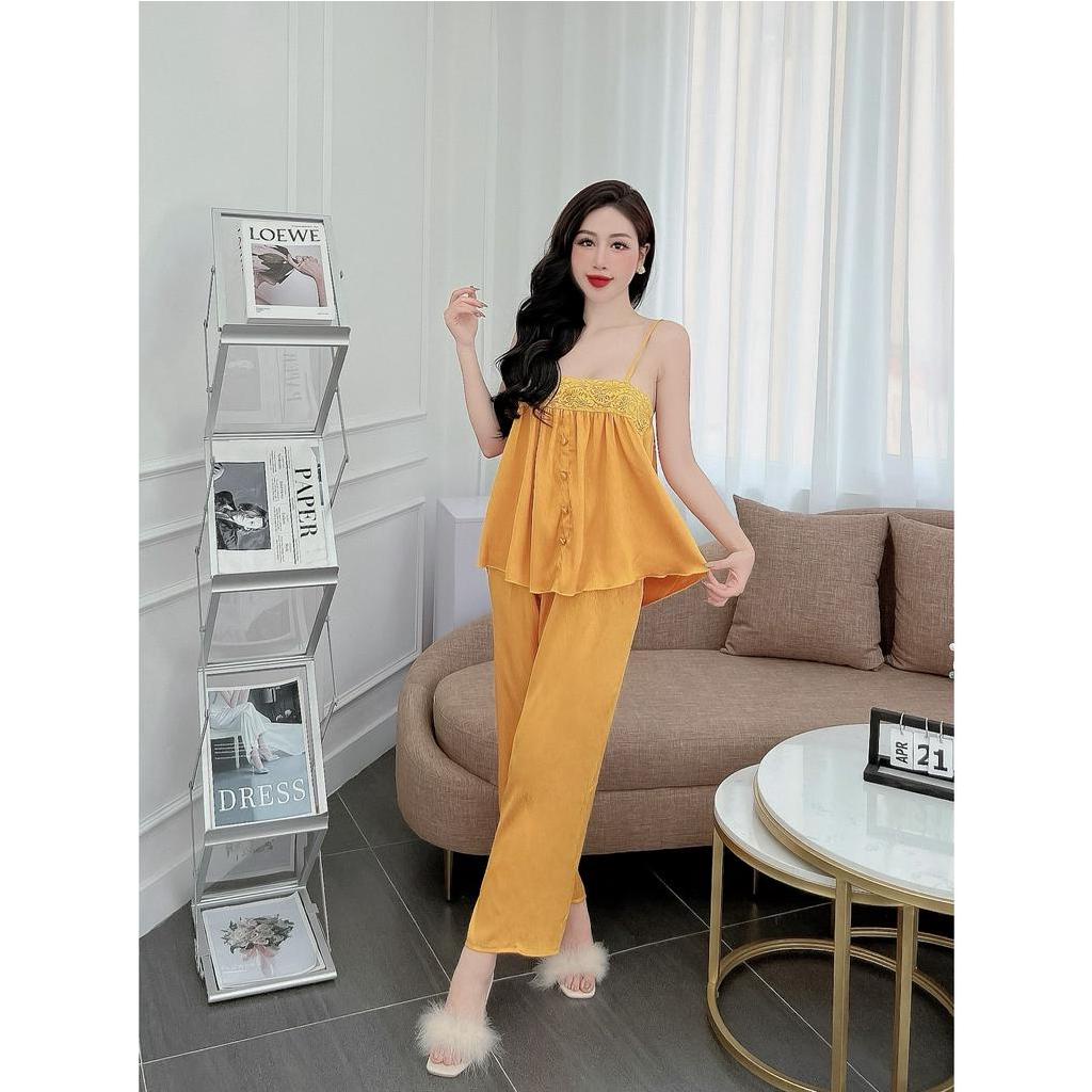 set đồ nữ quần dài mặc nhà vải gấm lụa xước freesize 54kg - CN96