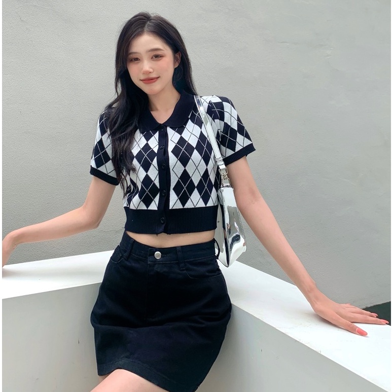 NZN Áo cardigan crop top dệt kim họa tiết kẻ sọc ca rô phong cách vintage thời trang mùa hè dành cho nữ