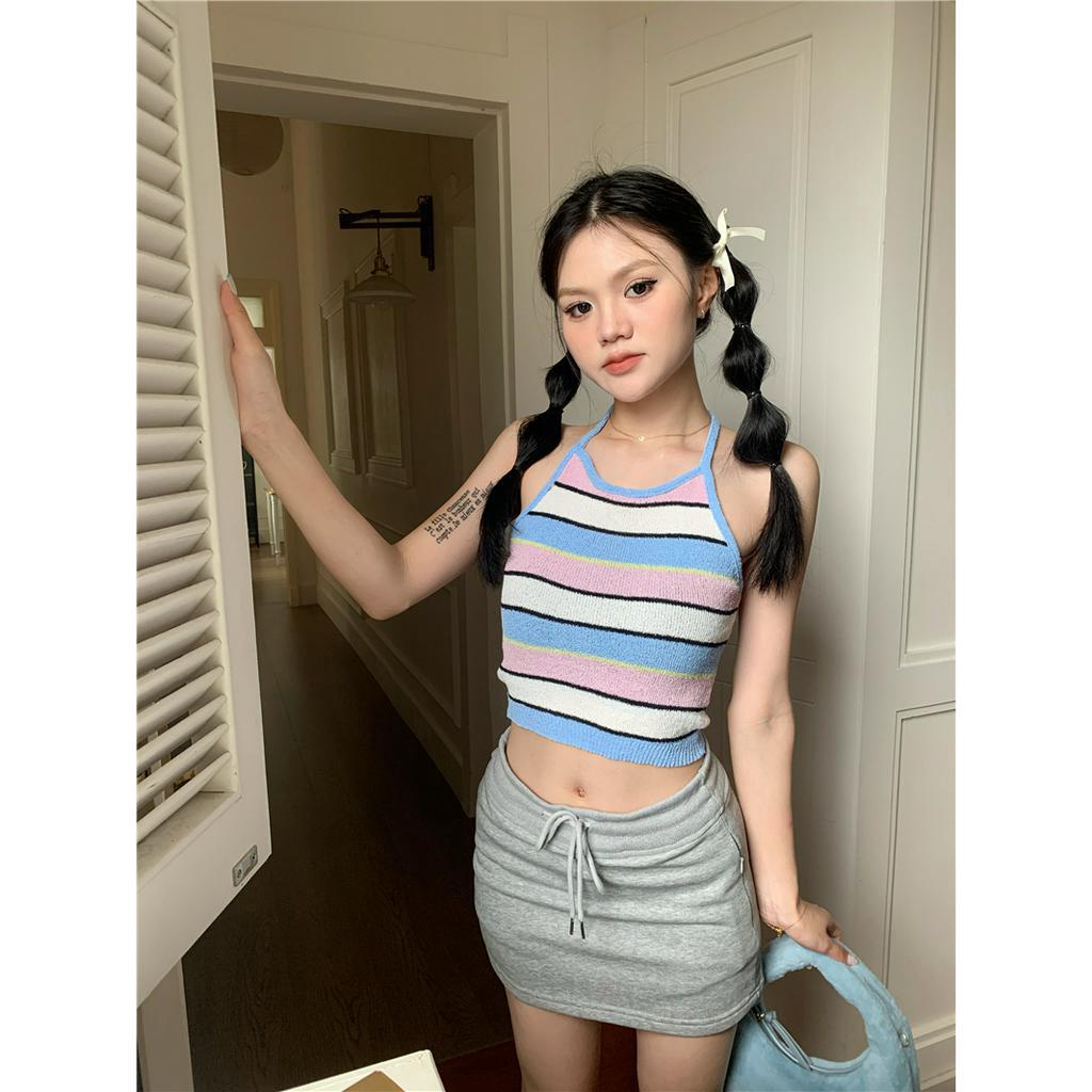 Lalisas Áo Dệt Kim Hai Dây Ngắn Mỏng Kẻ Sọc Cổ Yếm Gia Vị Gợi Cảm Cho Nữ