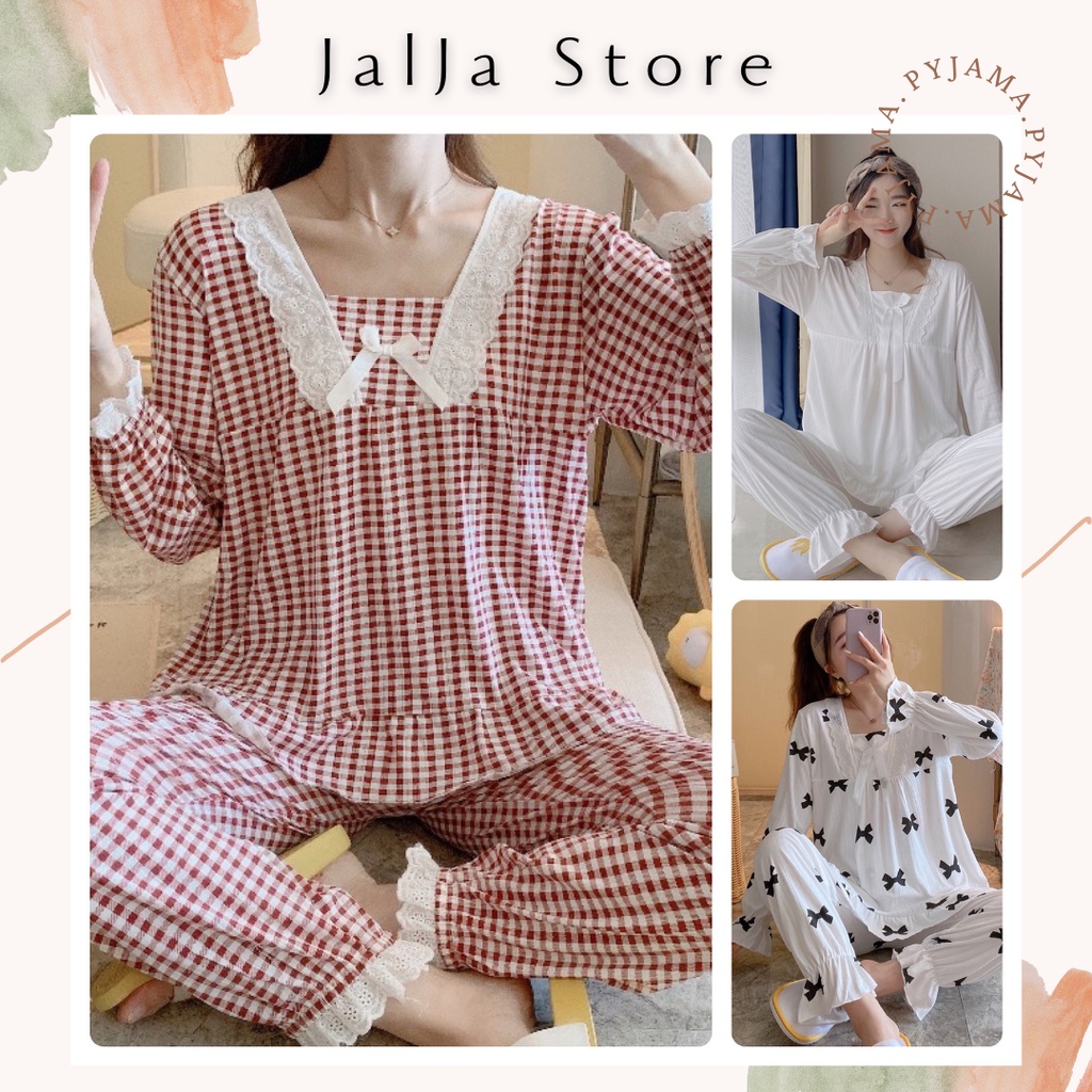 Bộ đồ ngủ nữ dài tay thu đông mặc nhà công chúa Kimono cotton cao cấp phong cách Hàn Quốc JALJA Set03
