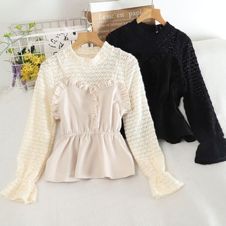 Áo kiểu nữ phối ren tay dài 2 lớp phong cách ulzzang