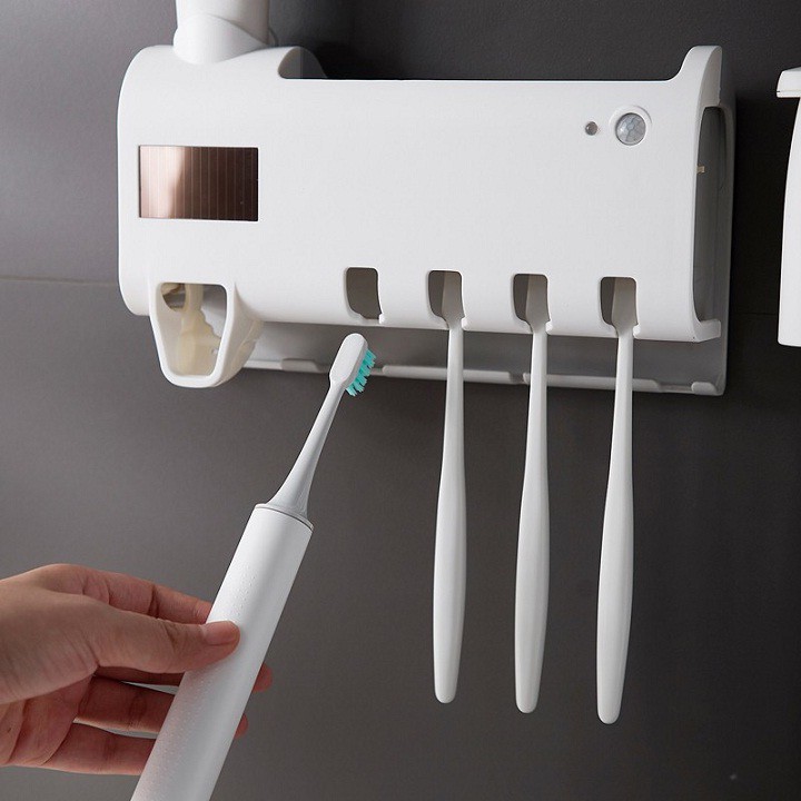 Kệ Đựng Bàn Chải Tự Động Lấy Kem Đánh Răng + (2 Cốc Nam Châm) Cao Cấp - (Loại Có UV Diệt Khuẩn)