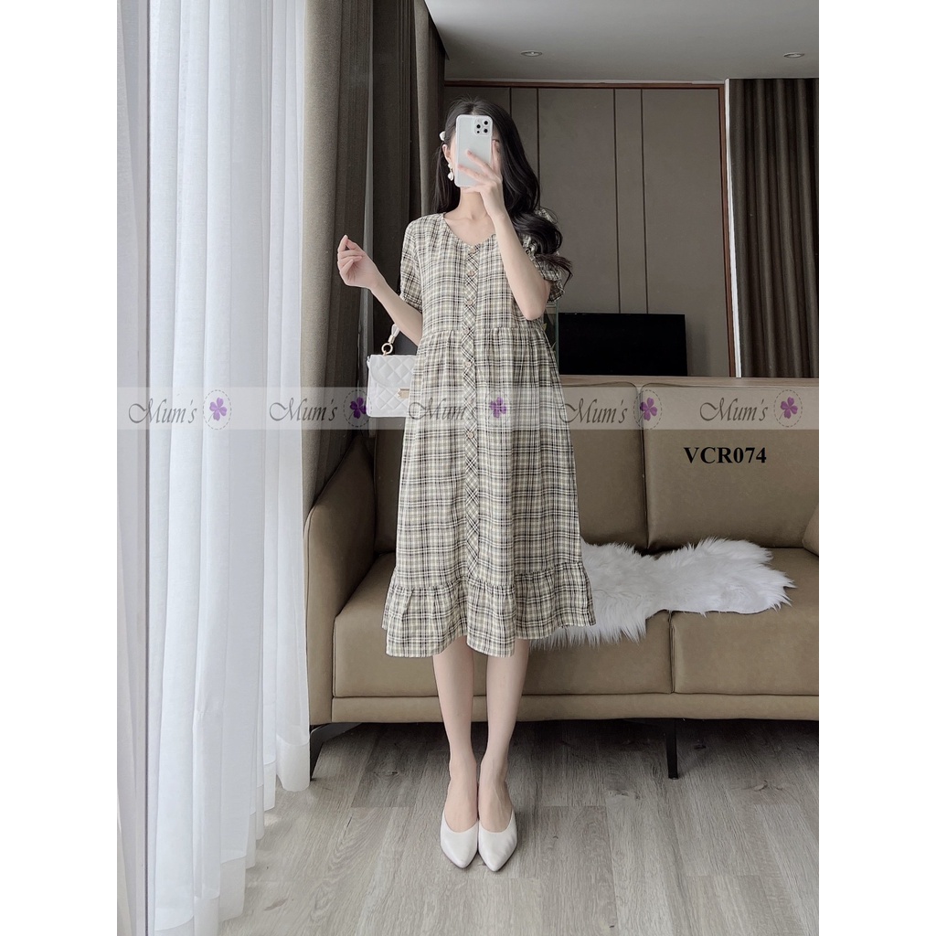 ĐẦM BẦU CÔNG SỞ MUM'S SHOP 🚛 FREESHIP 🚛 Váy bầu xinh mùa hè kẻ caro xám cổ tim