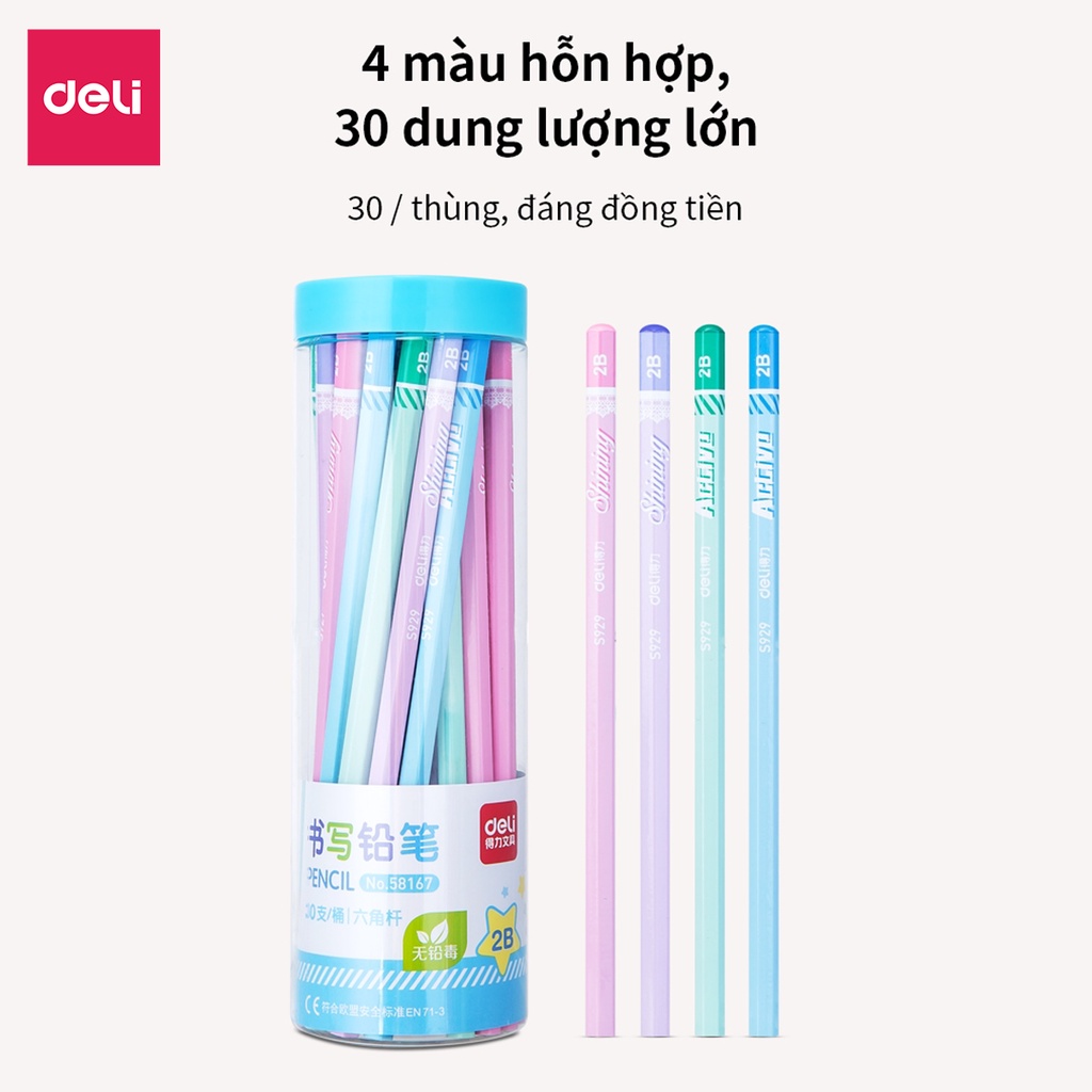 Bút chì lục giác Deli - 30 chiếc/hộp loại 2B/HB tặng kèm gọt và tẩy màu sắc dễ thương, thân gỗ tự nhiên dễ gọt khi dùng