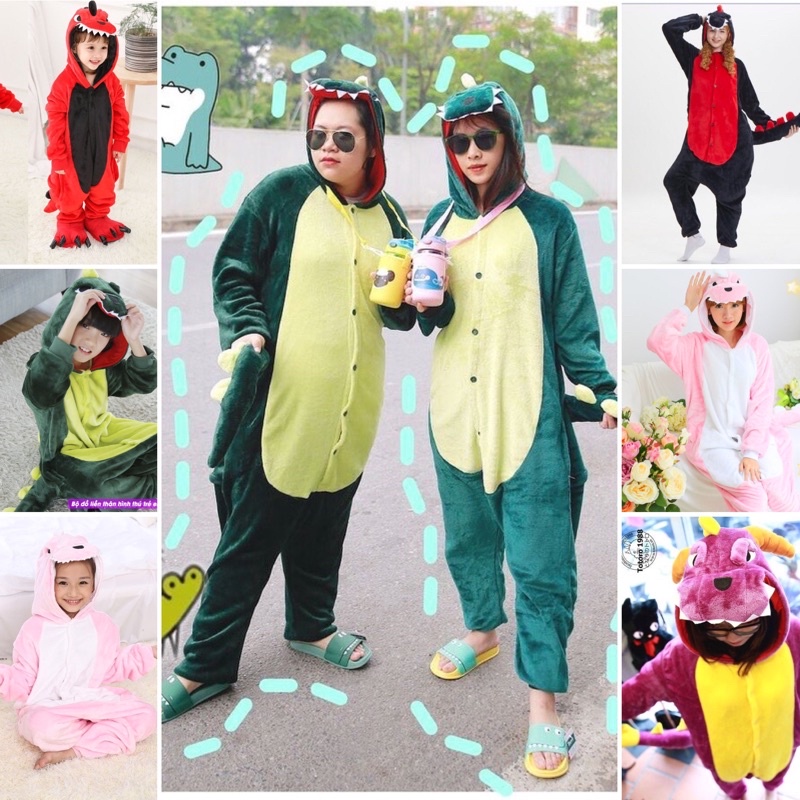 Bộ đồ liền thân hình thú Khủng Long - Kỳ Lân - Totoro - Stitch cho người lớn và trẻ em dễ thương ấm áp
