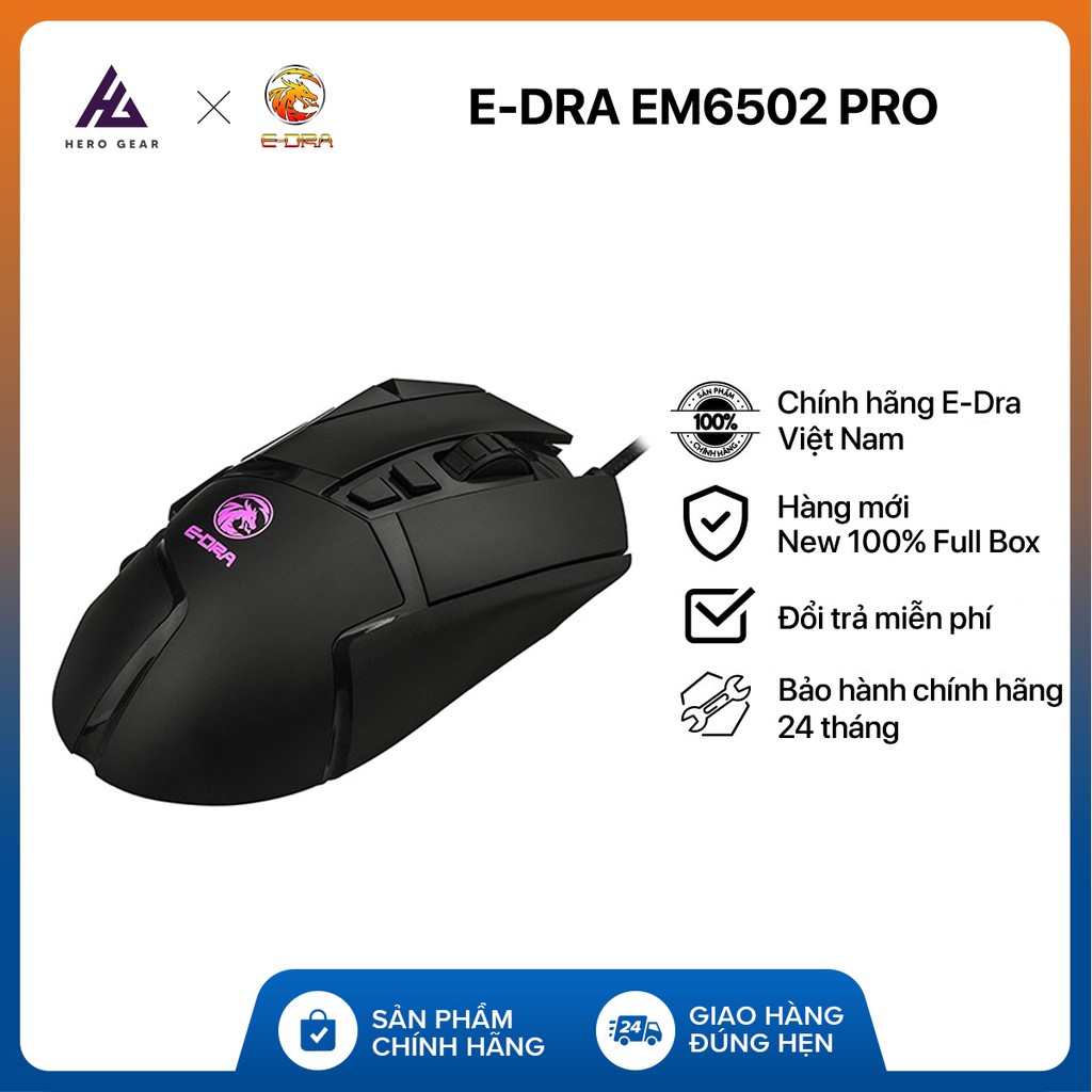 Chuột gaming E-DRA EM6502 Pro - Độ bền 50 triệu lượt bấm - Chống nước - 16000 DPI - LED RGB - Bảo hành 24 tháng