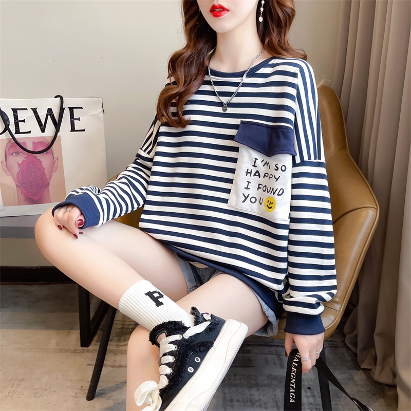 Áo Thun Tay Dài Kẻ Sọc Phối Túi Phong Cách Preppy