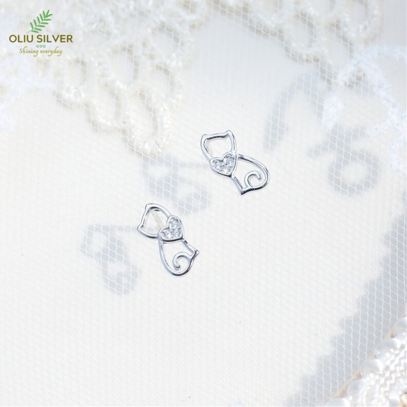 Bông Tai Bạc S925 Mèo Ôm Tim Dễ Thương | Khuyên Tai Nữ Trang Sức Bạc Thời Trang