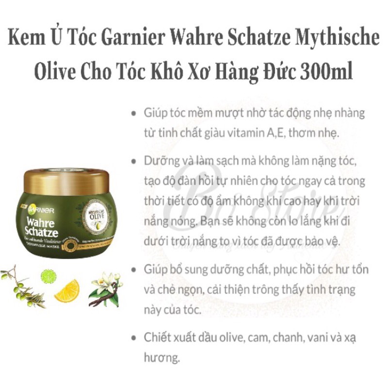 [NỘI ĐỊA ĐỨC] Kem ủ tóc Garnier Wahre Schatze Mythische Olive cho tóc khô &amp; xơ, 300 ml