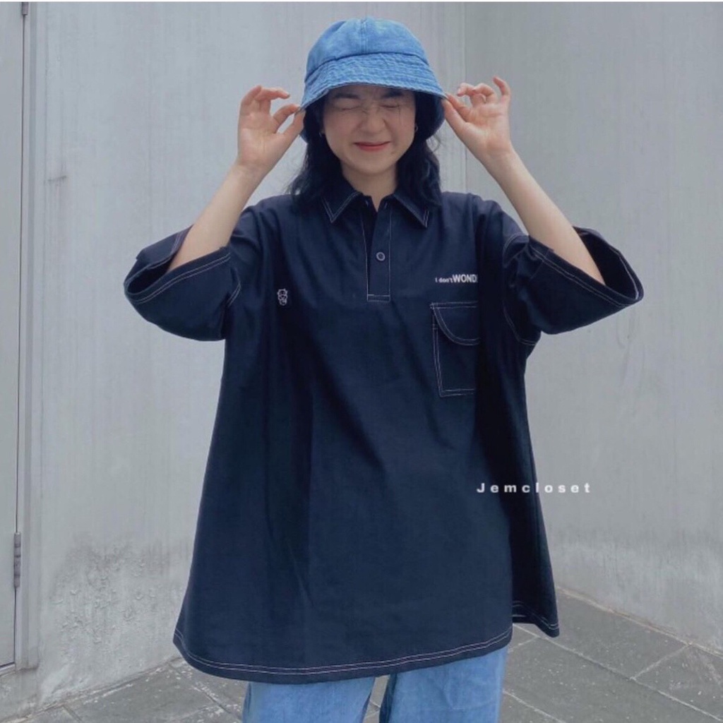 Áo Thun POLO CON BÒ CHỈ NỔI Nam Nữ Ulzzang Unisex - Áo Polo Tay Lỡ Cổ Viền Chỉ WONDER 2 Màu Trắng Đen