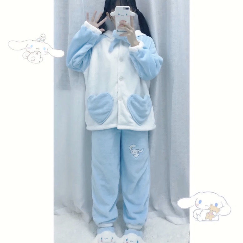 Bộ đồ ngủ vải nhung san hô dày dặn giữ ấm tai lớn thời trang mùa đông cho nữ