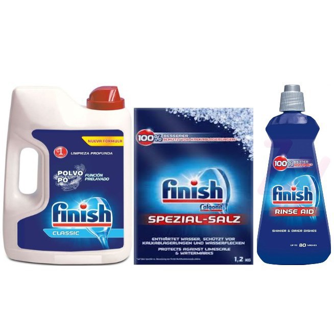 combo bột rửa bát finish +muối làm mềm nước 1,2kg và chai nước làm bóng 400ml