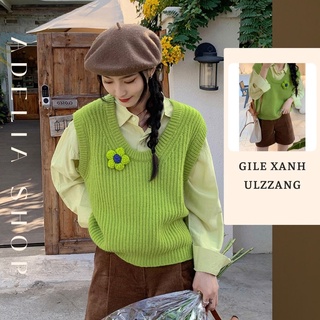 Gile Len Đính Hoa | Áo Gile Len Nữ Dệt Kim Màu Xanh Hàn Quốc Chất Mịn Đính Hoa Xinh Xắn Ullzzang, Hàng Quảng Châu
