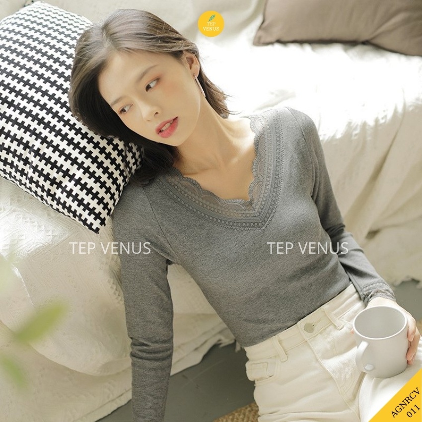 ✨BÁN SỈ✨Áo Giữ Nhiệt Ren Nữ Cổ Chữ V,Áo Thun Dài Tay Body Cổ Ren Nữ Cao Cấp