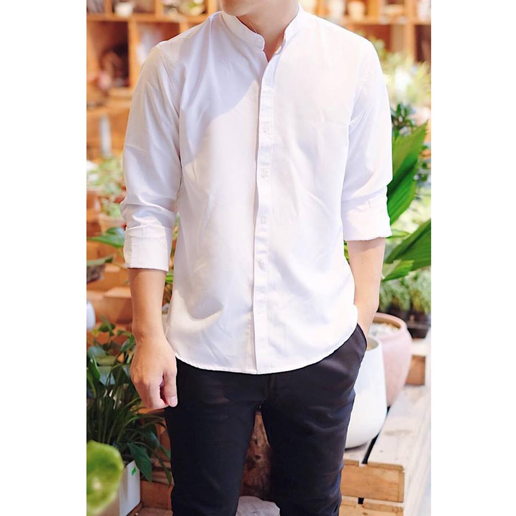 ÁO SƠ MI TRƠN CỔ TÀU ĐEN - TRẮNG VẢI LỤA CHỐNG NHĂN | BigBuy360 - bigbuy360.vn