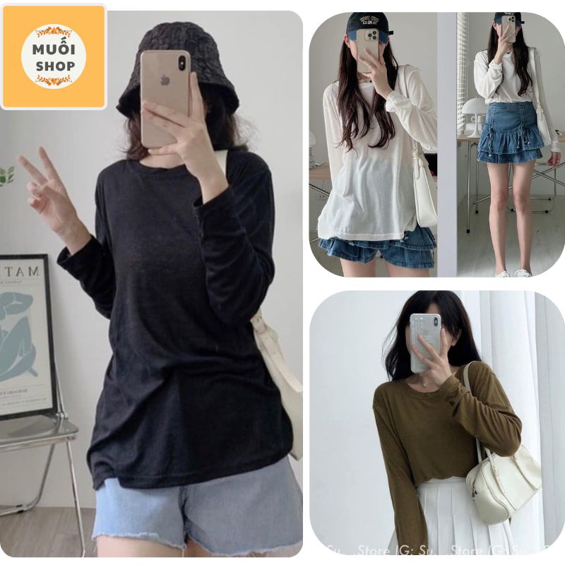 Áo thun dài tay chất giấy tăm mỏng nhẹ, Áo phông Giấy Dài Tay Cổ Tròn-Áo Basic Gam Màu Nhẹ Nhàng kèm ảnh thật siêu xinh