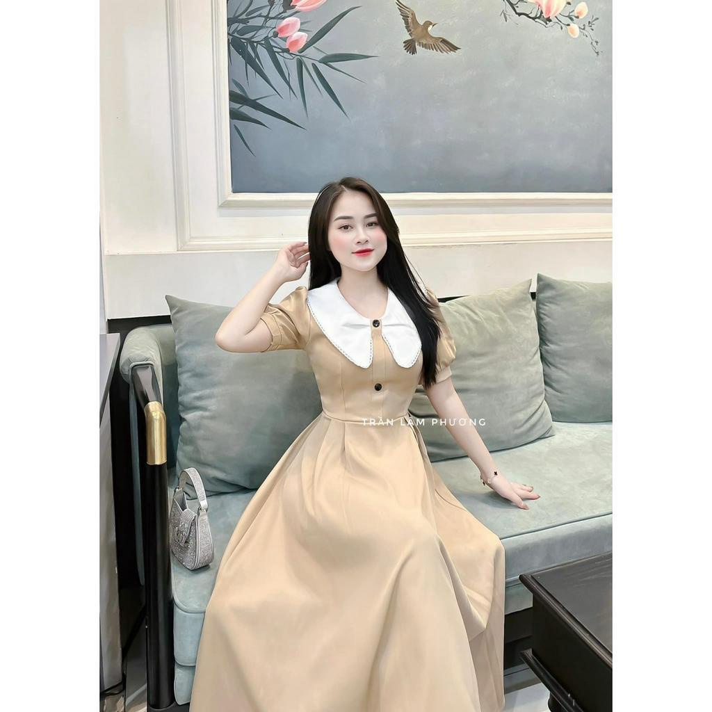 [6,6 Sales Freeship] Đầm tiểu thư nữ, đầm midi cổ trắng bèo tay phồng ôm eo dáng dài thanh lịch,nữ tính mtb