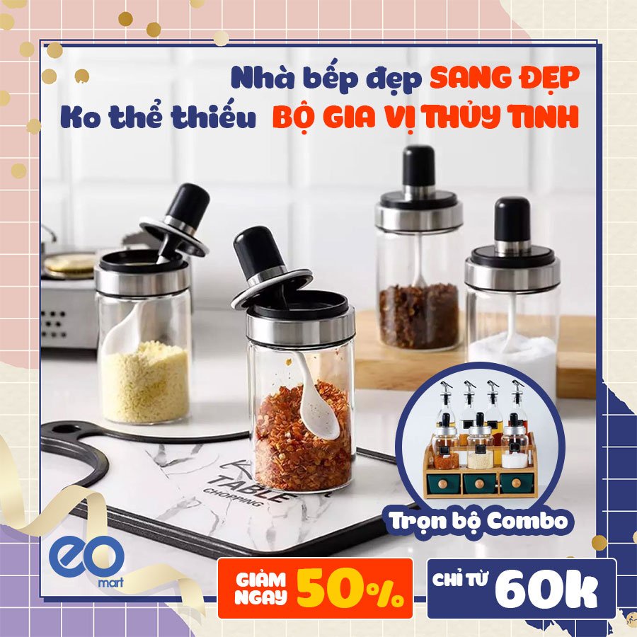 Com bo gồm 2 chai 3 hủ thủy tinh kèm thìa cao cấp Eomart tiện lợi ngăn nắp không thể thiếu siêu xá hàng