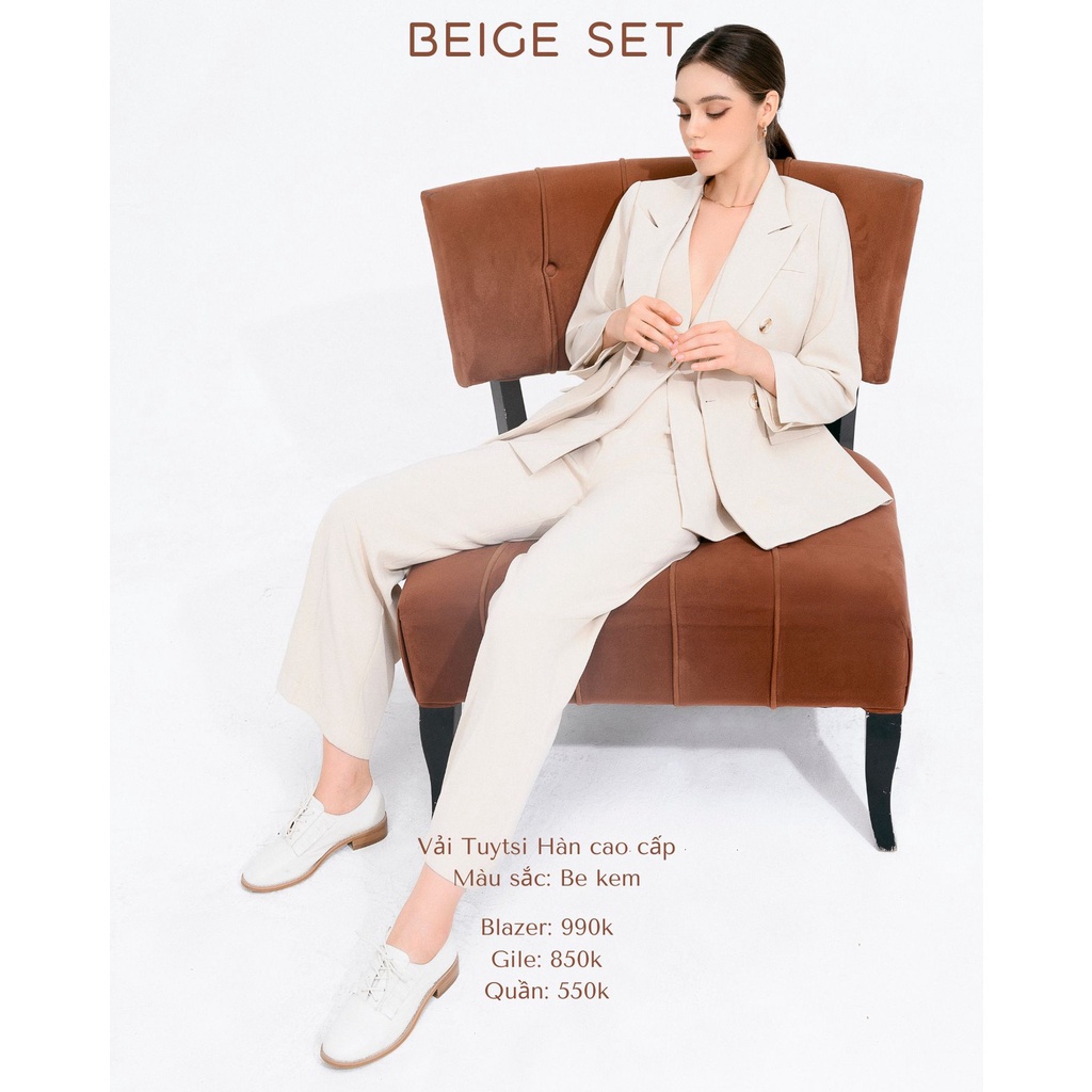 Set Suit 2 Khuy Dài Tay ONMIX Beige, Vải Tuytsi Hàn Cao Cấp