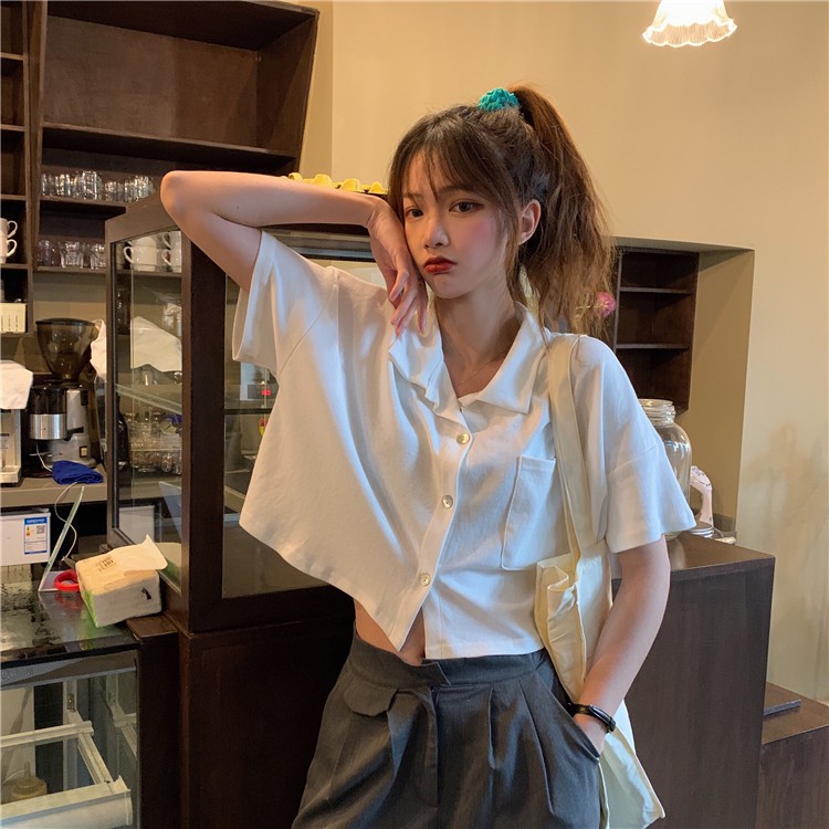 Xiaozhainv Áo sơ mi tay ngắn form rộng phối cổ Polo màu trơn trẻ trung trẻ trung | BigBuy360 - bigbuy360.vn