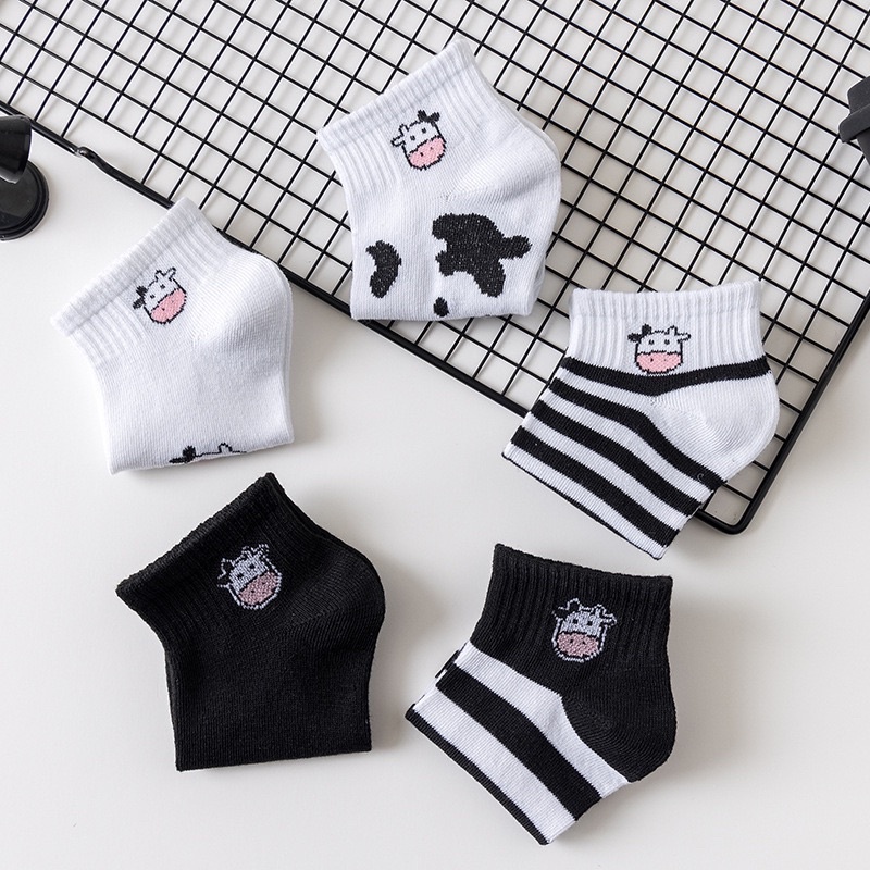 Set 5 Đôi Tất Nữ Cổ Ngắn Cotton Cute Hàn Quốc Vớ Nữ Cổ Ngắn Dễ Thương Chống Trượt Co Giãn Kèm Túi Zip Botaria