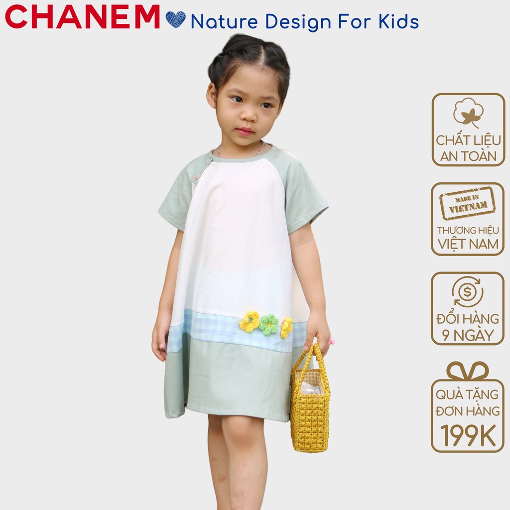 Váy bé gái SUNNY CHANEM ngắn tay phối gấu và hoa móc đáng yêu chất liệu cotton thoáng mát cho bé từ 1 - 10 tuổi