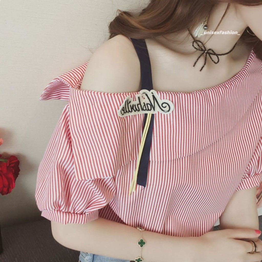 Áo trễ vai Hàn Quốc tiểu thư sọc thẳng tôn dáng thời trang, sexy, dễ thương