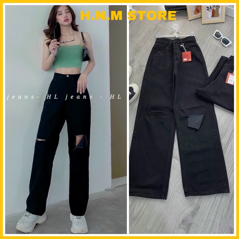 Quần jean nữ ống xuông màu đen rách sọc siêu đẹp thời trang H.N.M STORE