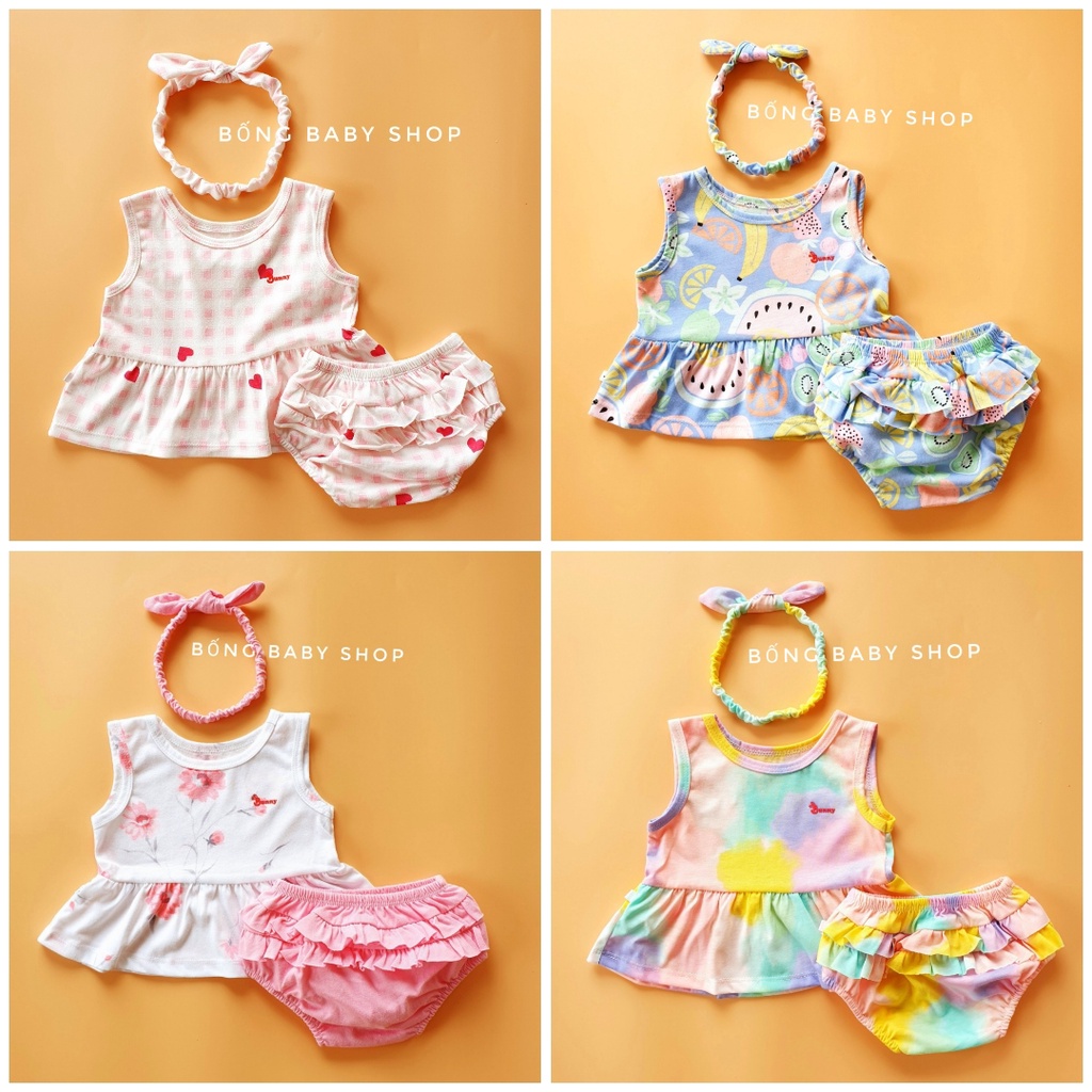 Set Babydoll sơ sinh sát nách tặng kèm nơ xinh thương hiệu Bunny cho bé 4-10kg