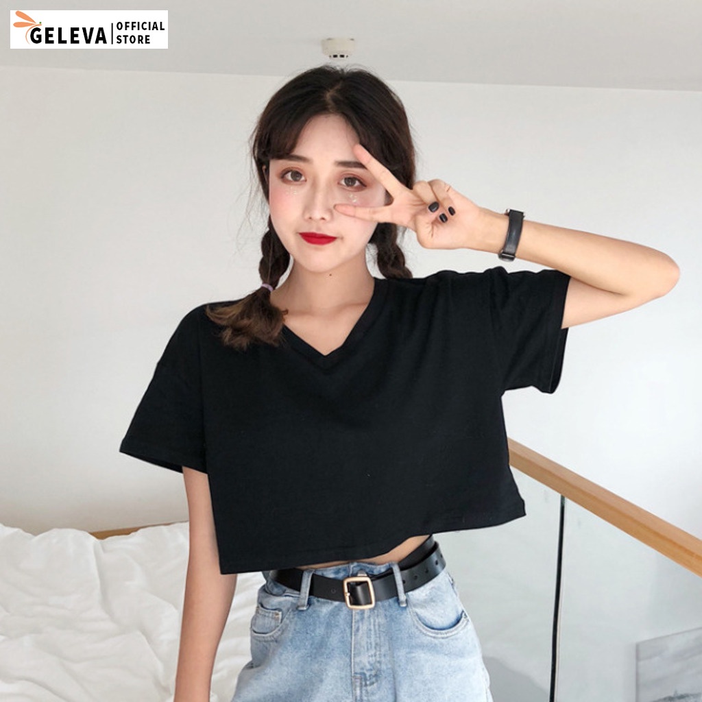 Áo croptop nữ cổ tim chữ v tay ngắn kiểu form rộng vừa nhiều màu đen trắng vàng, Áo phông thun nữ crt Geleva GE54