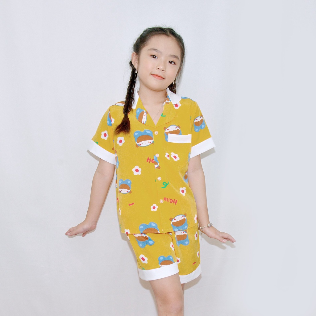 Bộ đồ ngủ pijama bé gái MÀU VÀNG HELLO PHA CỔ - Vải lụa mềm mại,nhẹ nhàng, mang lại cho bé cảm giác cực thoải máI