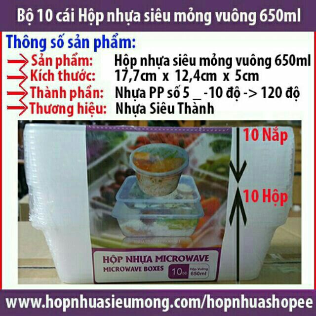 Bộ 10 cái hộp + nắp hộp nhựa vuông Microwave 650ml đựng Thực Phẩm / Thức Ăn / Kim Chi / Chân Gà