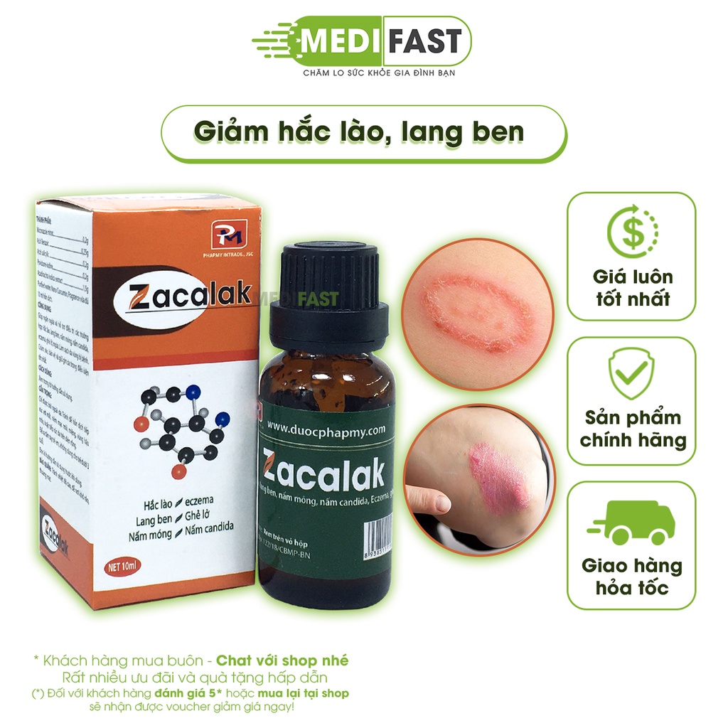 Zacalak lọ 10ml Kem bôi hắc lào, lang ben, hỗ trợ giảm nấm móng từ cồn povidone Iod và Miconazole