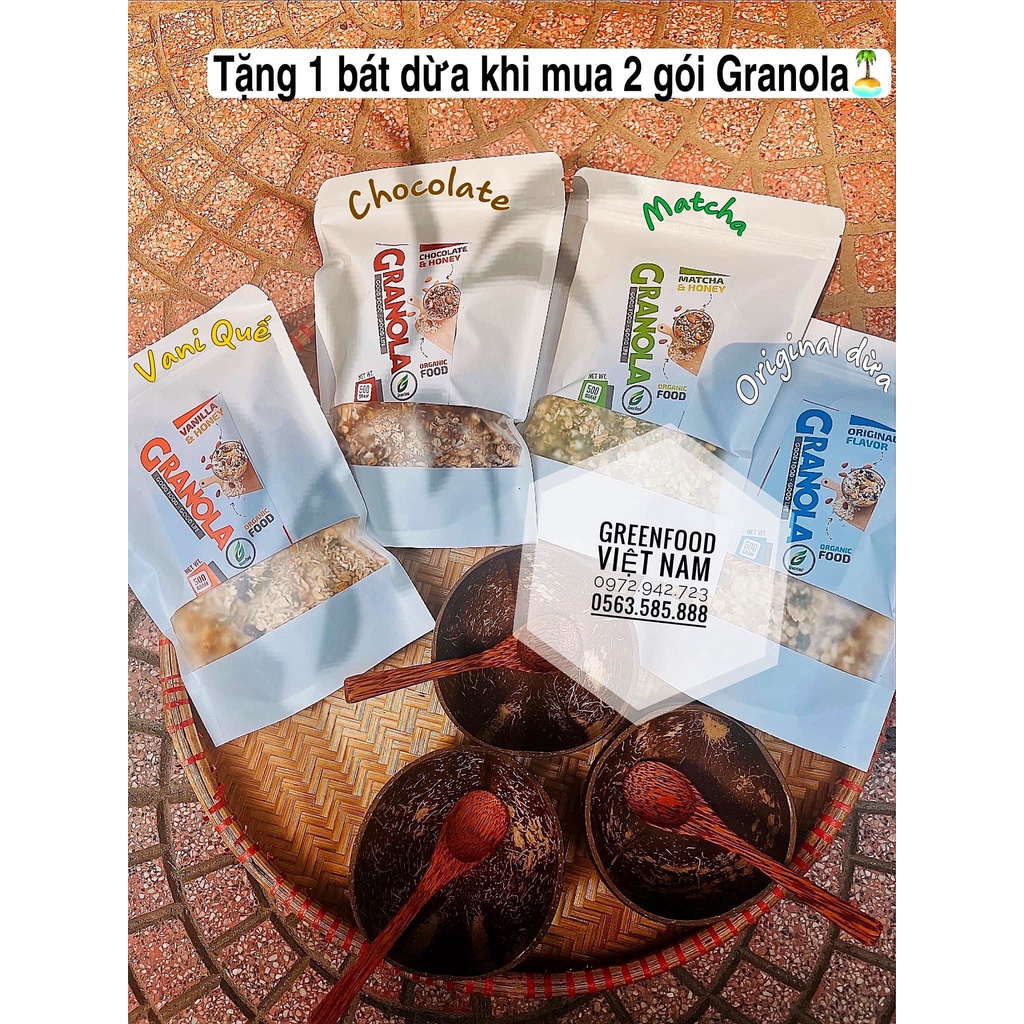 COMBO TIẾT KIỆM 2 HŨ GRANOLA (1KG) TẶNG 1SET BÁT GÁO DỪA CAO CẤP- NGŨ CỐC ĂN KIÊNG GIẢM CÂN KHÔNG ĐƯỜNG GREENFOOD