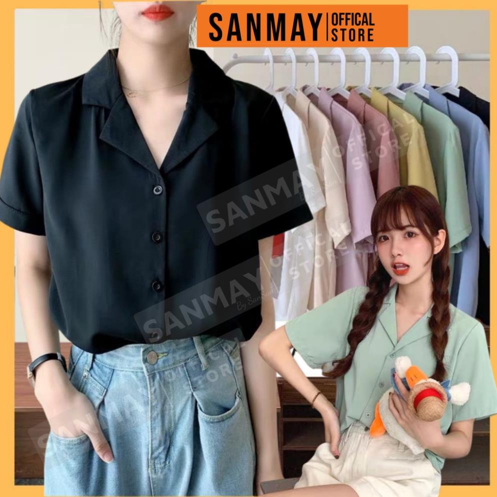 SALE Áo sơ mi nữ Hàn Quốc form rộng SANMAY Áo Sơ Mi công sở tay lỡ cộc tay kiểu đẹp, trắng đen nhiều màu cao cấp AO005