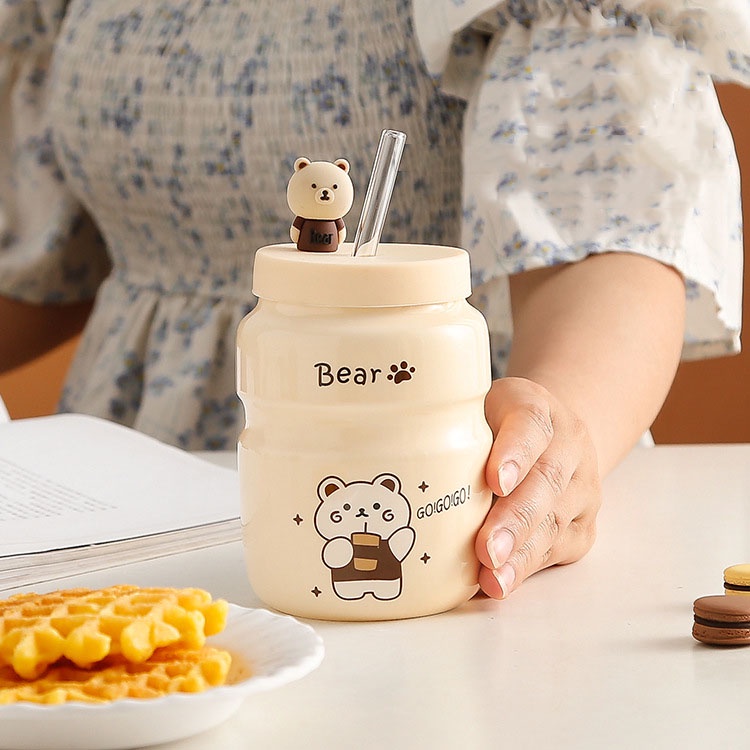 Bình nước hình gấu Bear kèm ống hút nhiều mẫu mã dễ thương Cốc Cốc dùng để uống nước, pha trà, cà phê, quà tặng bạn bè