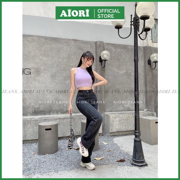 [Cao Cấp - Dài 105 cm] Quần Jean Nữ Ống Rộng Cao Cấp Kẻ Sọc Dọc Thời Trang Hàn Quốc Aiori Jeans_Mã S325
