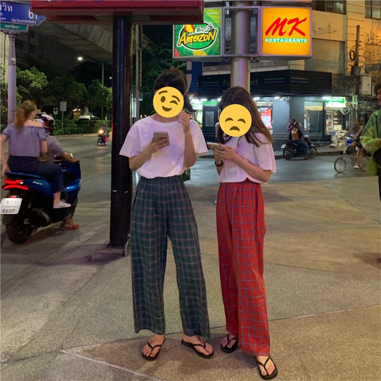 Bộ Đồ Ngủ Áo Thun + Quần Dài Dáng Rộng Họa Tiết Sọc Caro Phong Cách Hàn Quốc Thời Trang Mùa Hè Cho Nữ | BigBuy360 - bigbuy360.vn