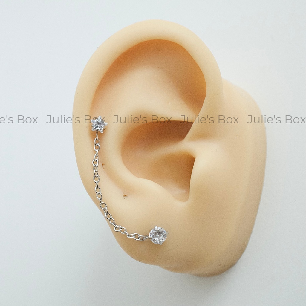 [1 Chiếc] Khuyên Tai 2 Lỗ Xỏ 1 Đá Ngôi Sao 1 Đá Tròn Dây Nối Titan Không Gỉ Sét Không Ngứa Không Đen Julies Box