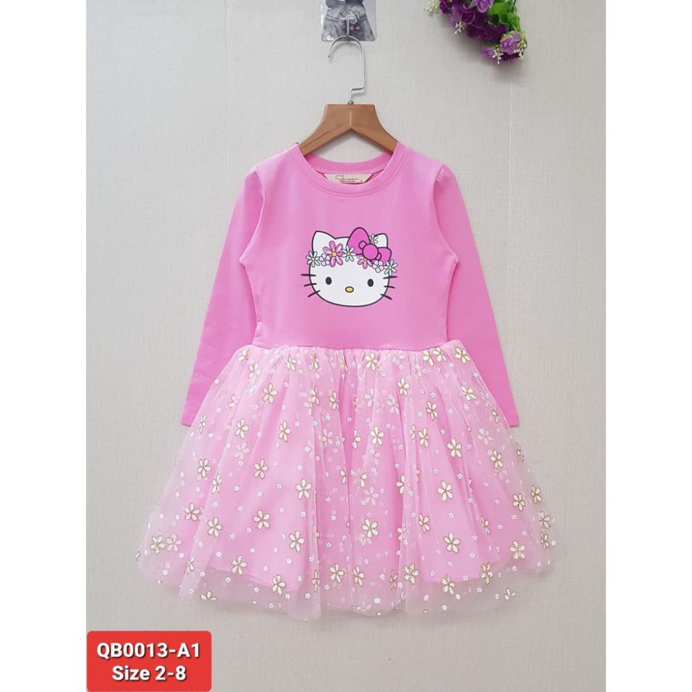 QB0013-A1 - Váy công chúa, bé gái, thân coton chân voan, in mặt mèo Kitty, màu hồng phấn, size bé 2-8