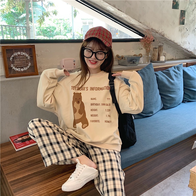 SUXI Áo Sweater Cổ Tròn Tay Dài Dáng Rộng In Hình Gấu Thời Trang