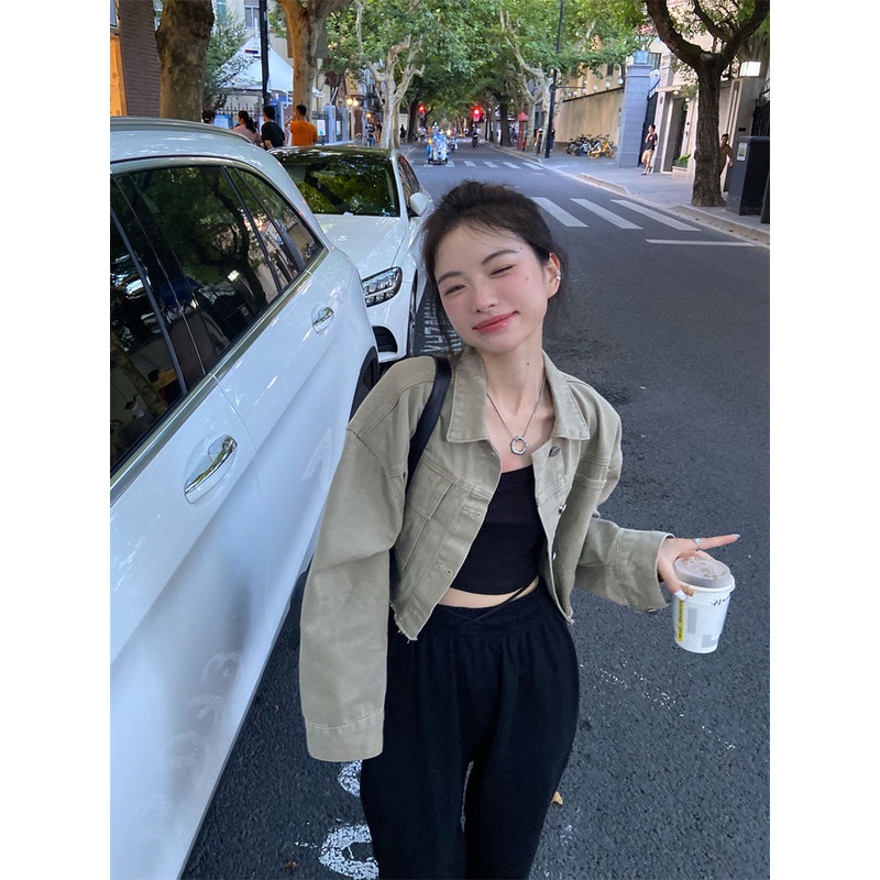 Áo khoác cardigan ngắn vải denim kiểu retro Hong Kong thời trang ngọt ngào cho nữ