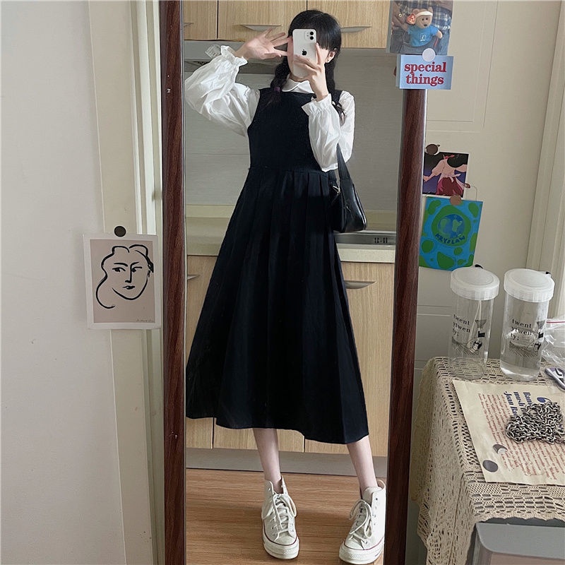 Bộ Áo Sơ Mi Cổ Buộc Dây Dáng Rộng + Đầm Yếm Dáng Rộng Thời Trang Phong Cách Hàn Quốc Cho Nữ