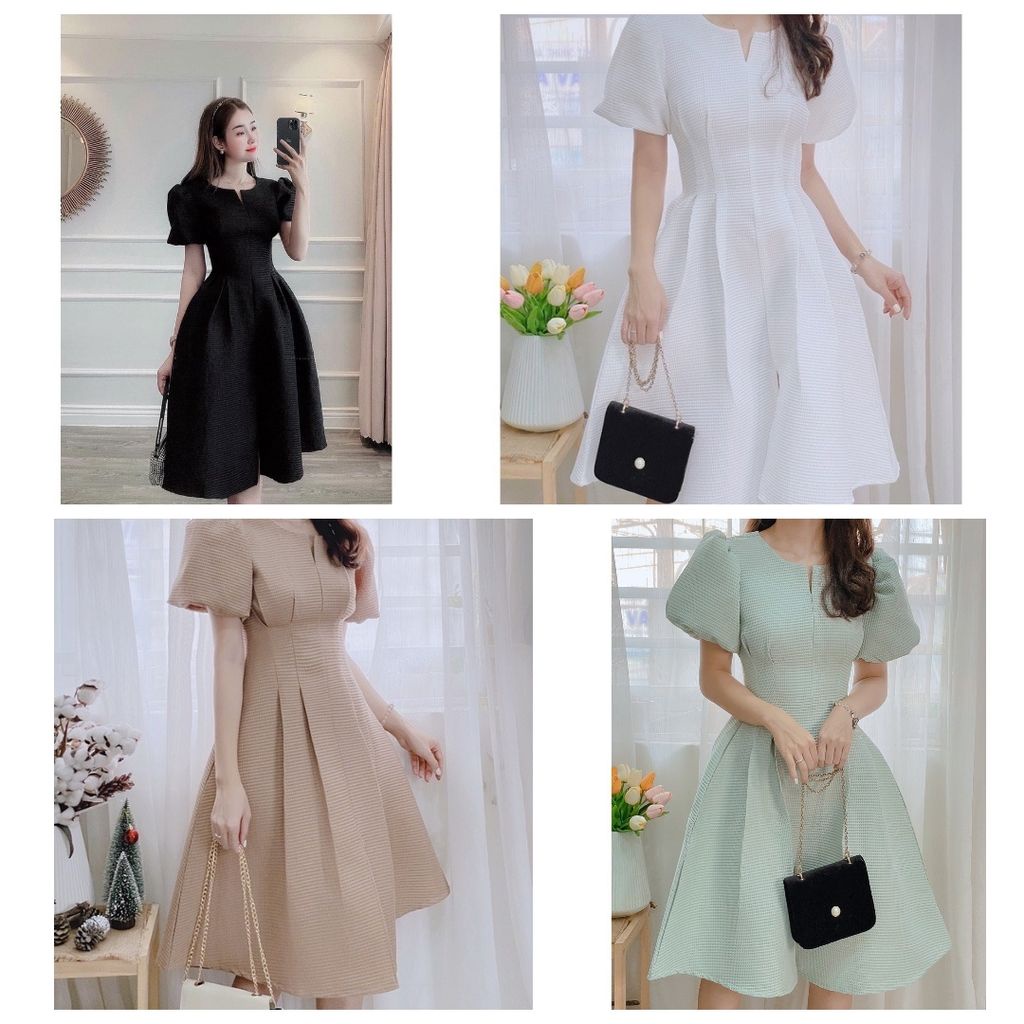 ĐẦM XỐP THIẾT KẾ TAY BỒNG CỔ V CÁCH ĐIỆU XẾP LY EO TÔN DÁNG SANG TRỌNG ĐI TIỆC ĐI CHƠI