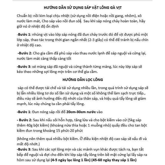 Bột lọc lông vịt dính trong sáp , bột lọc lông vịt , sáp vịt gói 1kg