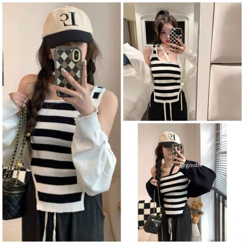 Sét áo len kẻ lệch vai mix áo khoác mỏng hàng QC