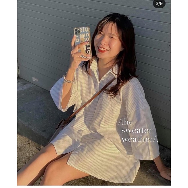 Áo sơ mi dáng over size thô kẻ tay lỡ 3 màu